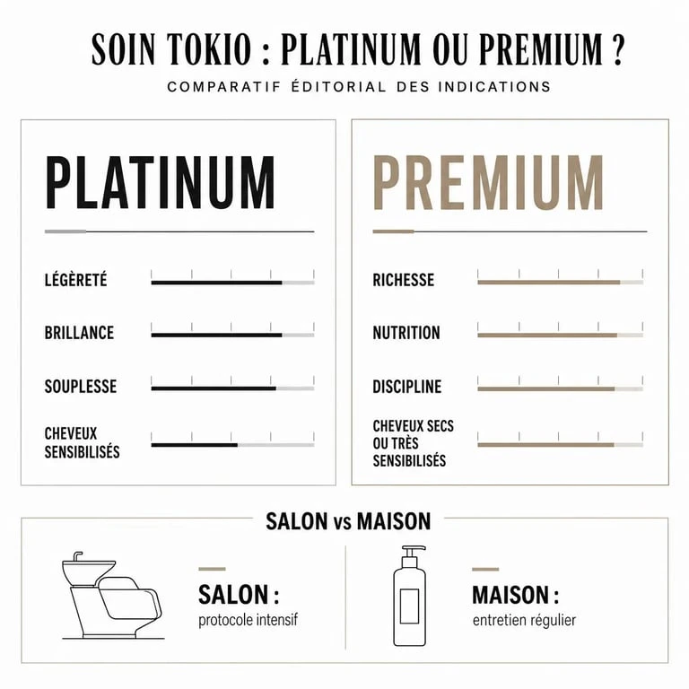 Comparatif du soin tokio cheveux entre Platinum et Premium, avec salon et maison