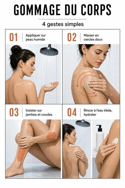 Comment faire un gommage pour le corps : gestes doux sur peau humide, rinçage et hydratation