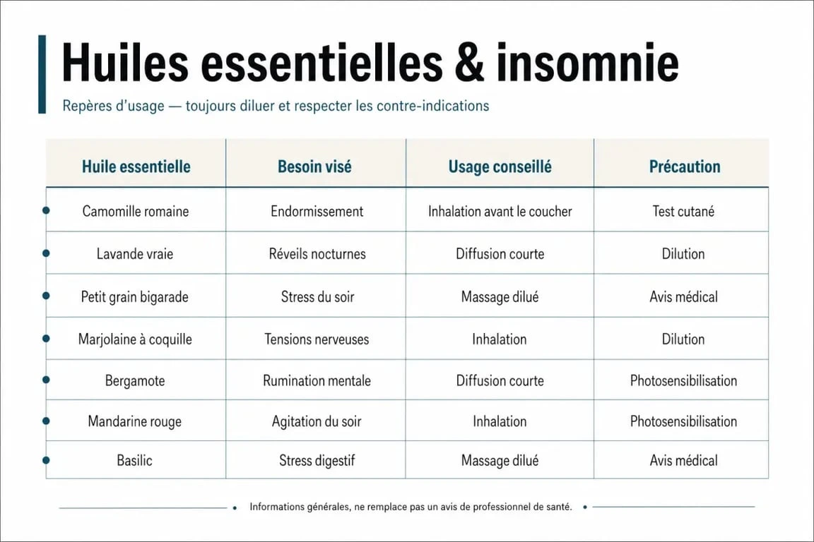 Huile essentielle insomnie : tableau comparatif des huiles, usages et précautions