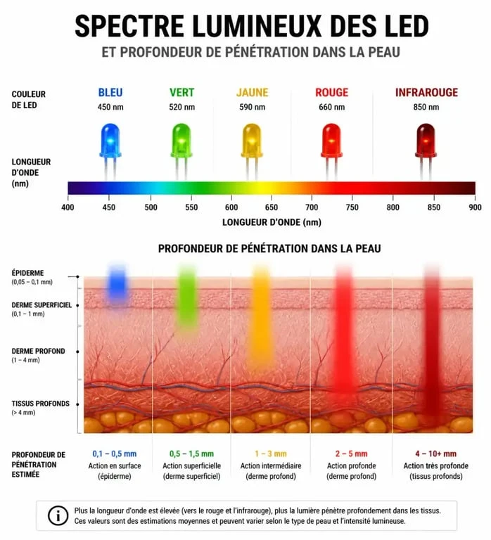 Infographie des longueurs d'onde et effets de la luminothérapie visage par couleur