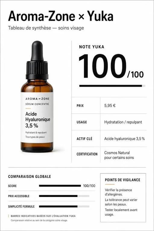 Aroma-Zone avis Yuka : synthèse visuelle du sérum acide hyaluronique 100/100, prix 5,95 € et points de vigilance