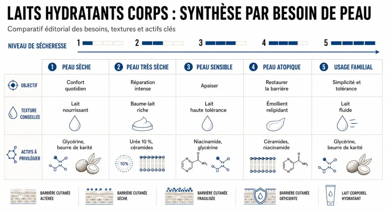 Comparatif du meilleur lait hydratant pour le corps selon le type de peau et les actifs clés