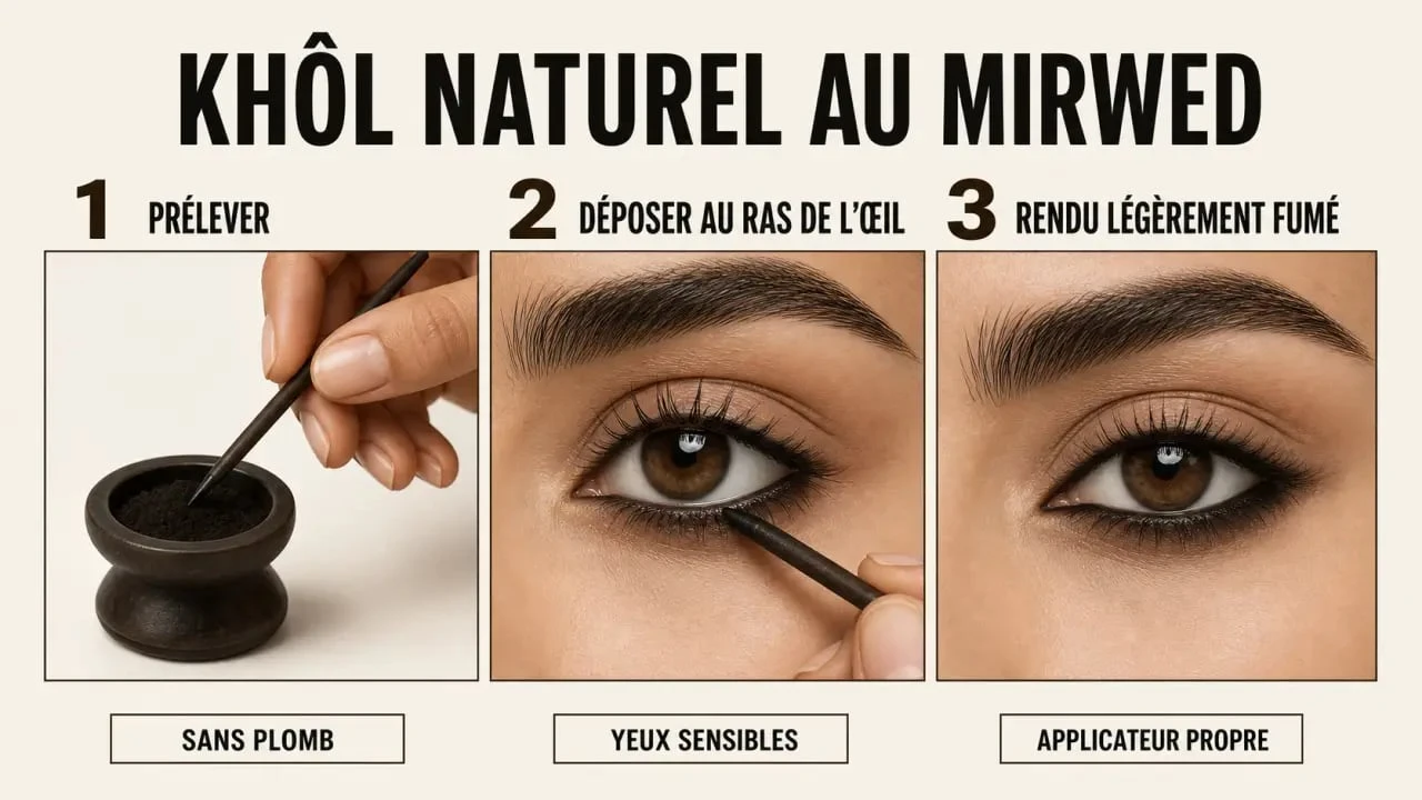 Application du khôl naturel au mirwed en trois étapes sur un œil, avec flacon de poudre et rendu final
