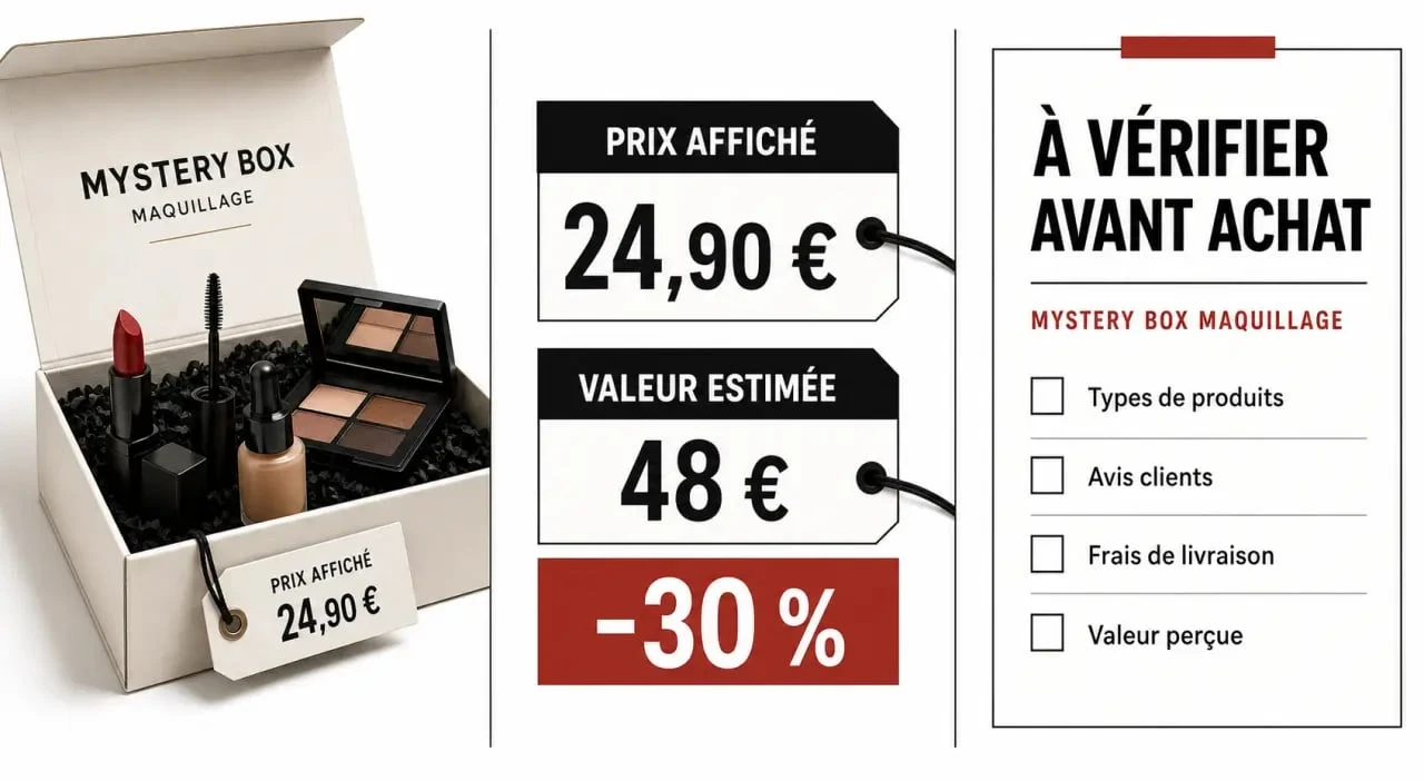 Mystery box maquillage : illustration éditoriale comparant prix, contenu variable et critères de confiance avant achat