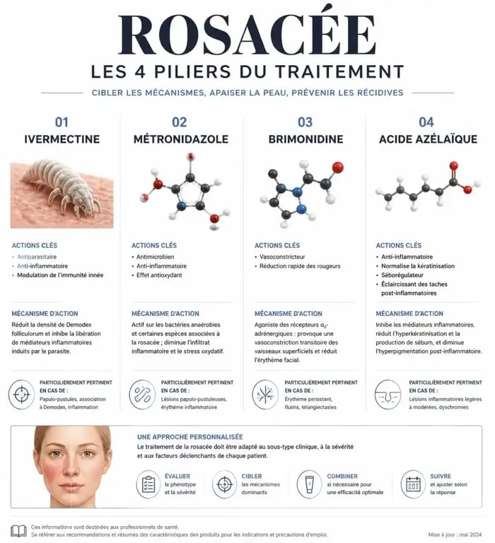 Infographie des actifs de référence pour le traitement de la crème rosacée visage