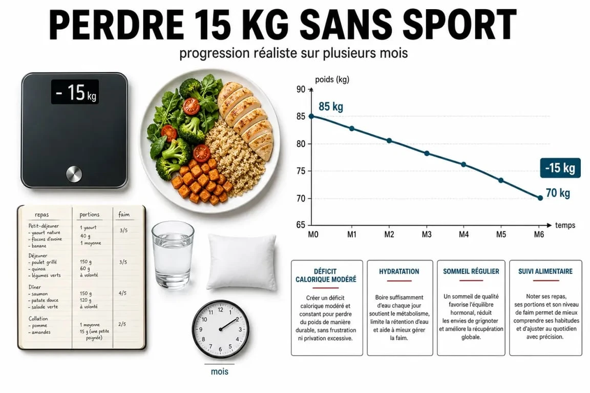 Infographie sur perdre 15 kilos sans sport avec assiette équilibrée, hydratation, sommeil et progression sur plusieurs mois