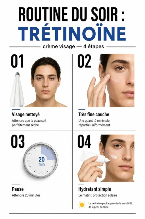 Trétinoïne crème visage : schéma éditorial de l’application le soir sur peau sèche, avec hydratation et protection solaire