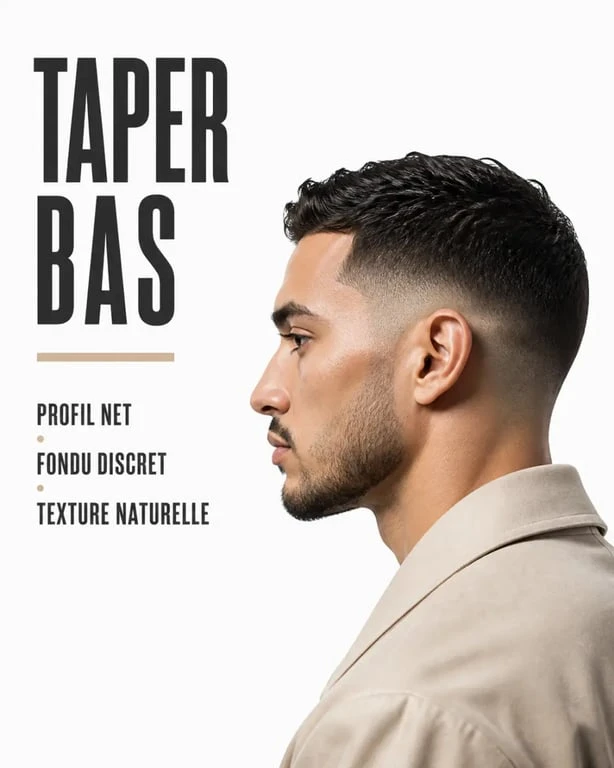 Tapers bas discret sur cheveux courts avec tempes et nuque fondues