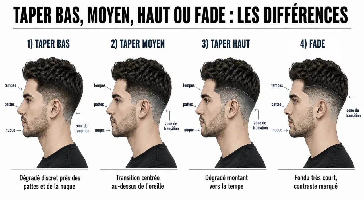 Comparatif des tapers bas, taper moyen, taper haut et fade sur cheveux courts