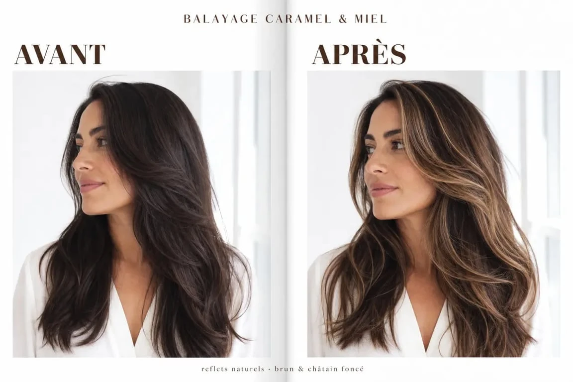 Avant après balayage caramel ou miel sur cheveux bruns et châtains