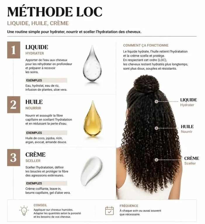 Schéma explicatif de la méthode LOC pour appliquer une crème hydratante sur les cheveux