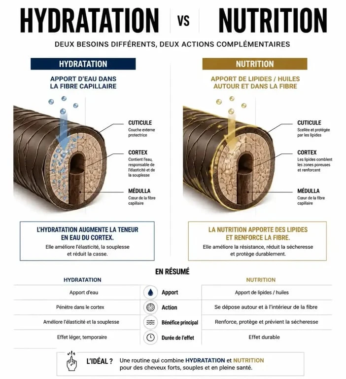Infographie illustrant la différence entre hydratation et nutrition pour une crème hydratante sur les cheveux