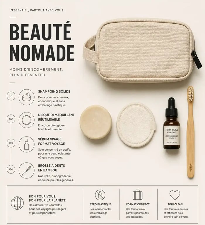 Trousse de beauté idéale pour voyager léger avec des cosmétiques solides et des flacons réutilisables