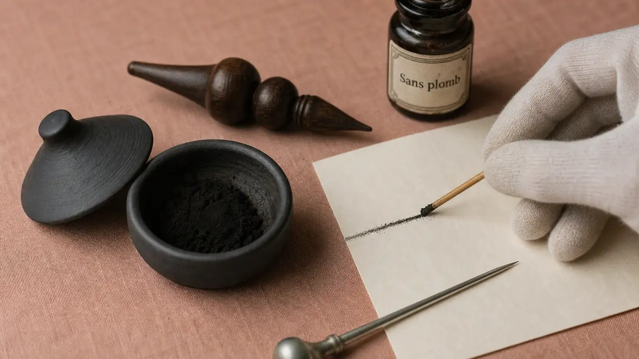 Khôl naturel sans plomb, poudre noire et mirwed sur table