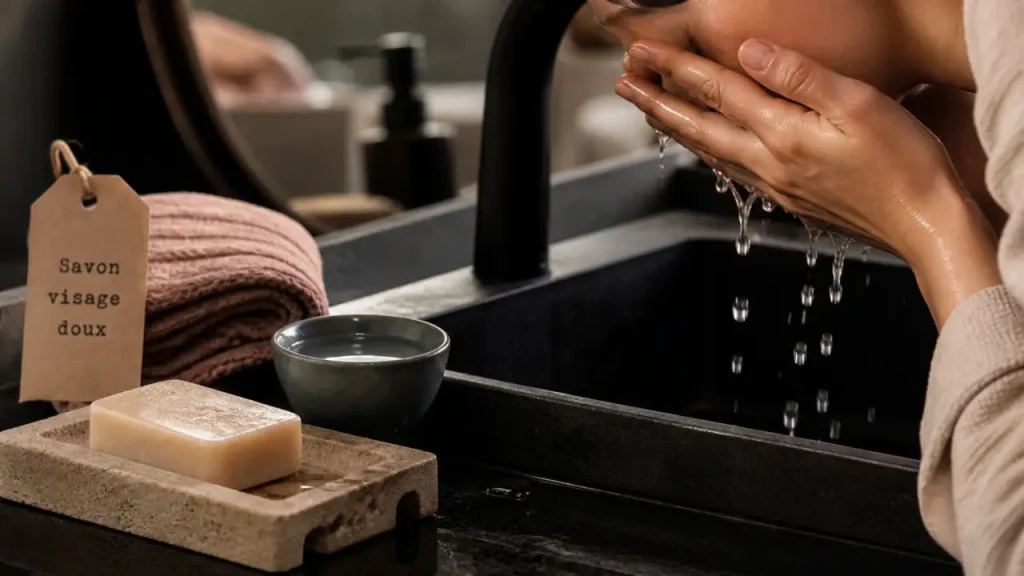 Quel savon pour le visage : savon surgras près d’eau tiède et rinçage du visage