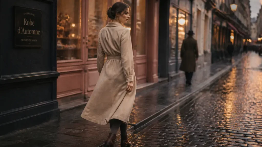 Robe automne femme midi portefeuille beige, collants gris et bottines en mi-saison