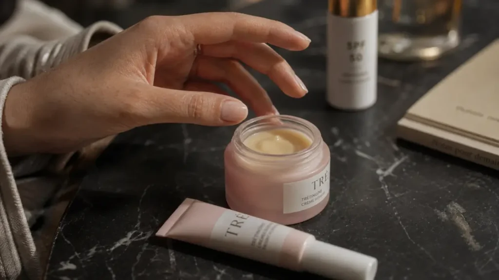 Trétinoïne crème visage : pot et tube sur table, routine du soir, 20 min d’attente