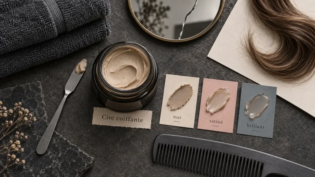 Cire pour cheveux mate : pot de cire coiffante et accessoires