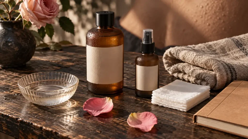 Eau de rose bienfait : flacon d’hydrolat apaisant pour la peau