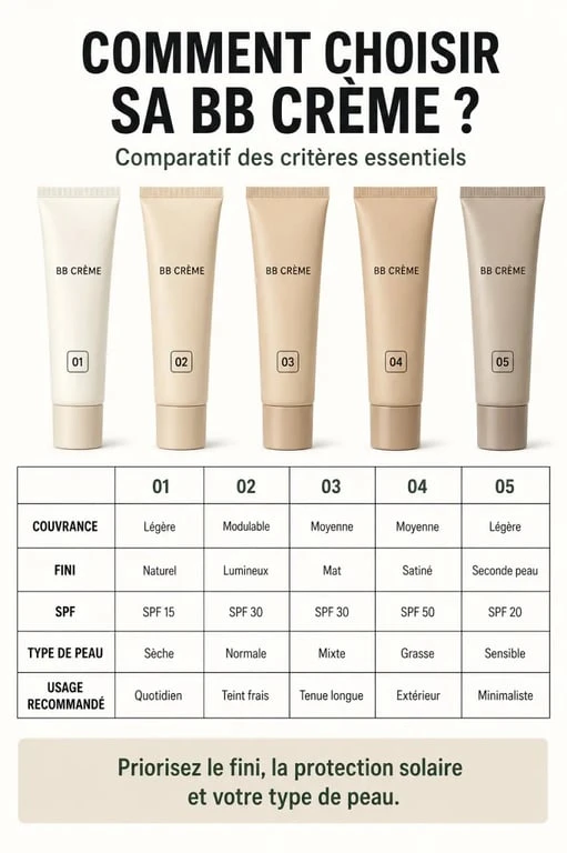 Comparatif visuel pour choisir la meilleure BB crème selon la couvrance, le fini et le SPF