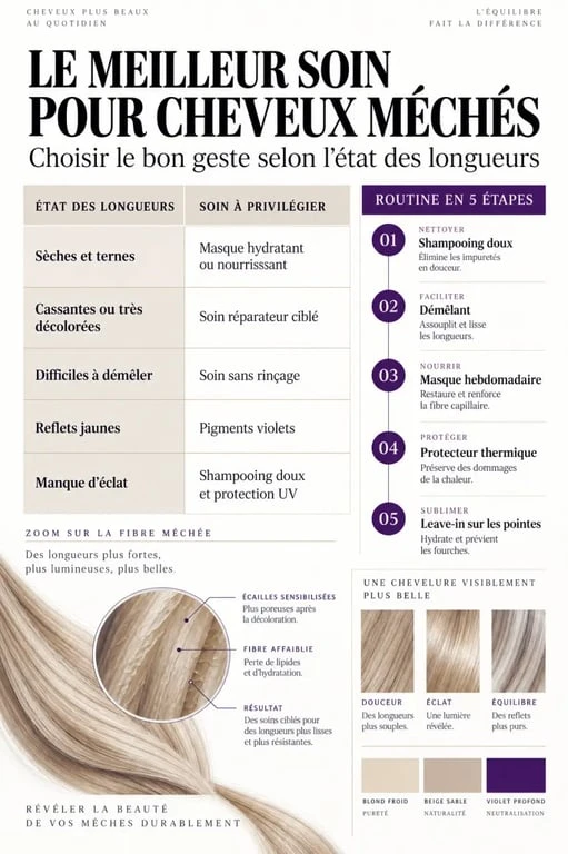 Infographie pour choisir le meilleur soin cheveux méchés selon l’état des longueurs