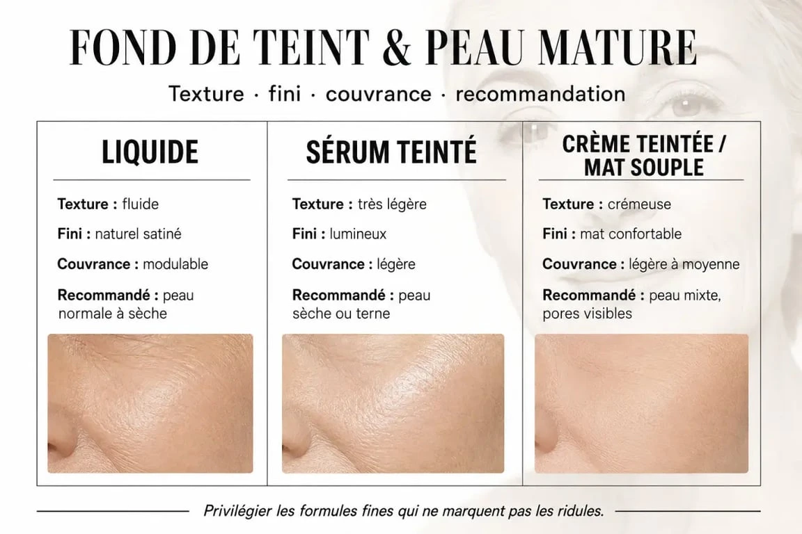 Fond de teint pour peau mature : comparatif des textures, finis et niveaux de couvrance