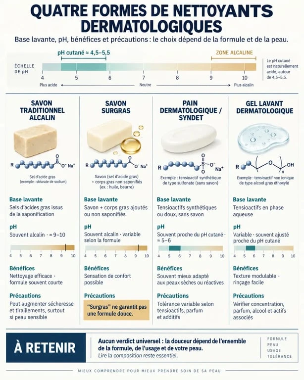 Infographie comparative des différents savons dermatologiques, du savon surgras au syndet