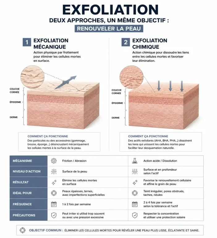 Infographie explicative sur les bienfaits de la crème exfoliante visage mécanique et chimique