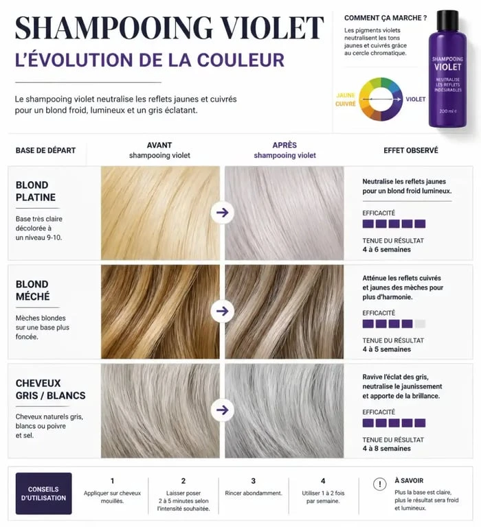 Résultat avant et après l'utilisation d'un shampooing violet sur cheveux blonds et gris