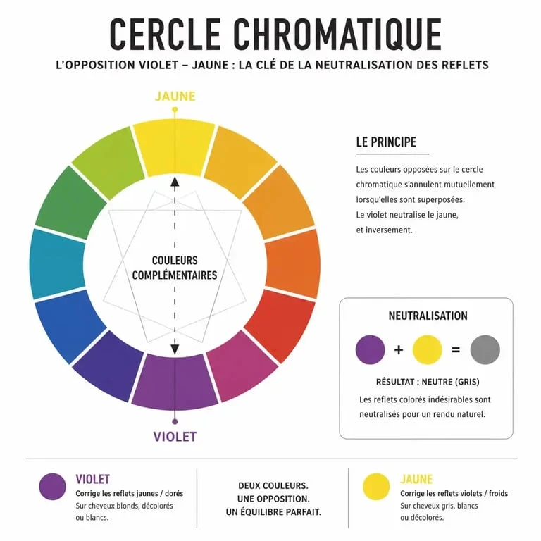 Cercle chromatique expliquant l'action du shampooing violet sur les reflets jaunes