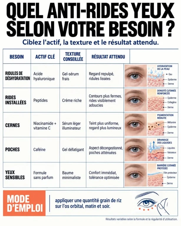 Infographie comparative pour choisir le meilleur anti ride yeux selon les rides, cernes, poches ou yeux sensibles