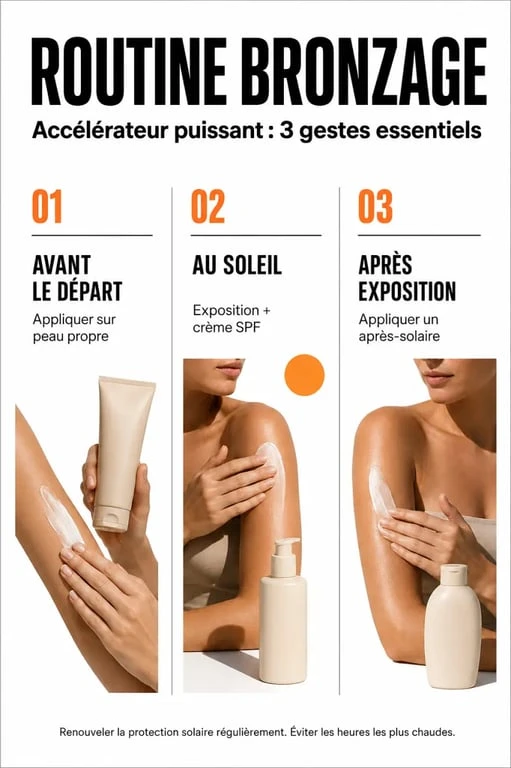 Accélérateur de bronzage puissant illustré dans une routine avant exposition avec SPF et après-solaire