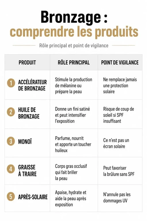 Accélérateur de bronzage puissant comparé à huile de bronzage, monoï, graisse à traire et après-solaire