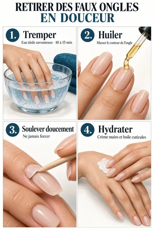 Étapes pour enlever des faux ongles en plastique avec trempage, huile et retrait progressif