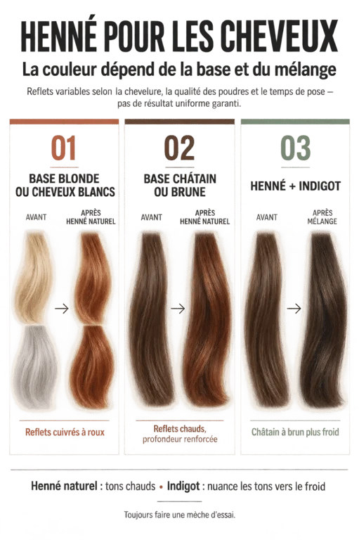 Henné pour cheveux : résultats selon la base naturelle, les cheveux blancs et le mélange avec l’indigo