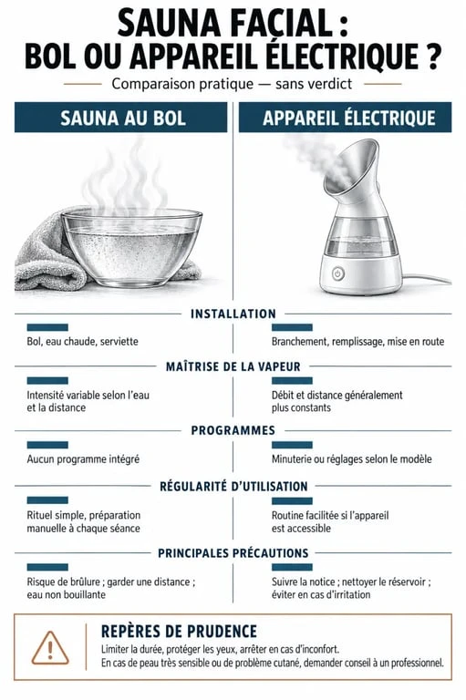 Infographie comparant le sauna facial au bol et l’appareil électrique