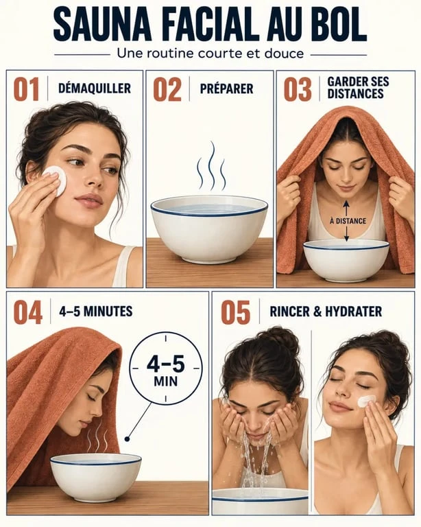 Étapes d’un sauna facial au bol, de la préparation à l’hydratation