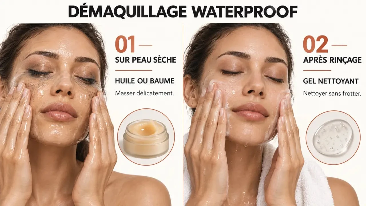 Démaquillage d’un fond de teint waterproof en deux étapes avec huile puis gel nettoyant