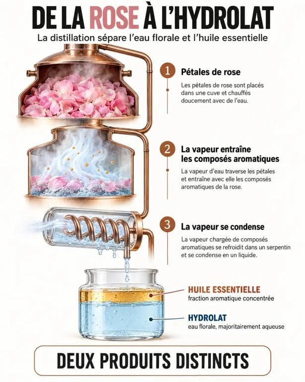 Eau de rose bienfait : schéma de distillation et différence avec l’huile essentielle de rose