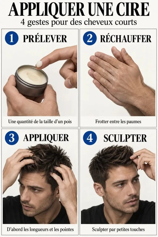 Étapes d'application d'une cire pour cheveux sans effet gras ni résidus