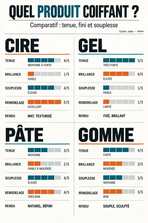 Infographie comparative de la cire pour cheveux, du gel, de la pâte et de la gomme