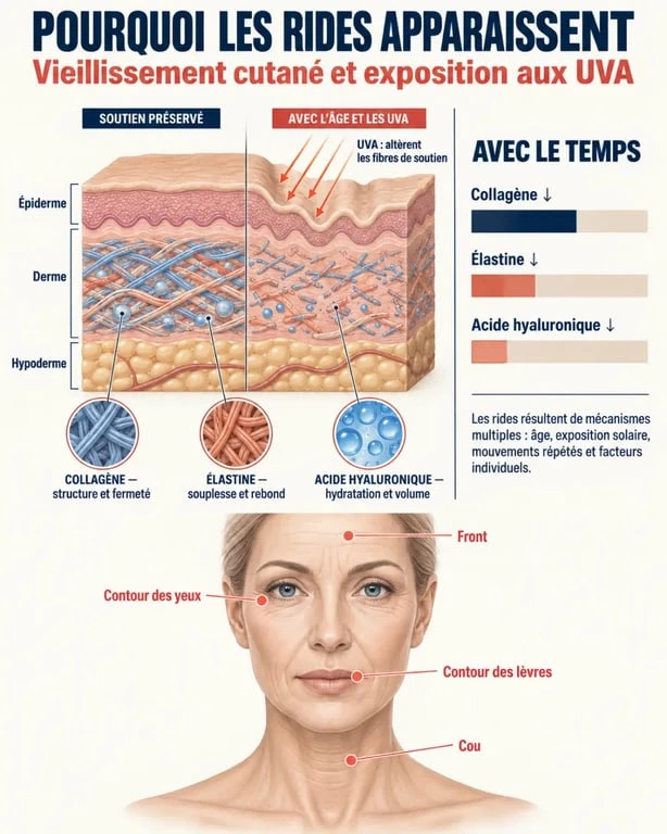 Infographie sur les mécanismes des rides du visage et les moyens de réduire les rides