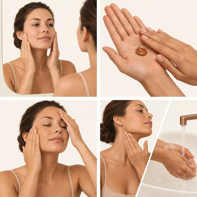 Application d’une crème visage autobronzante en quatre étapes pour un hâle uniforme sans traces