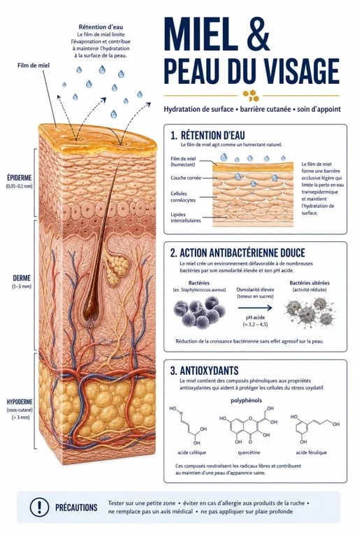Le bienfait du miel sur le visage expliqué par une illustration scientifique