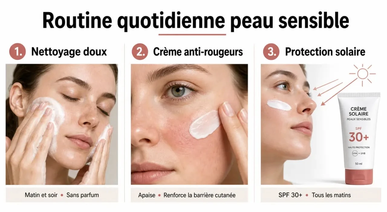 Routine quotidienne pour calmer les rougeurs du visage et protéger la peau