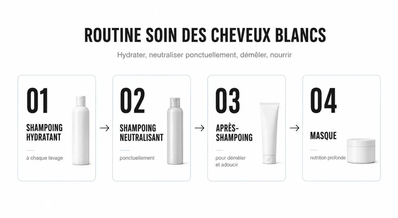Soin cheveux blancs routine en quatre étapes avec shampoing hydratant, shampoing neutralisant, après-shampoing et masque