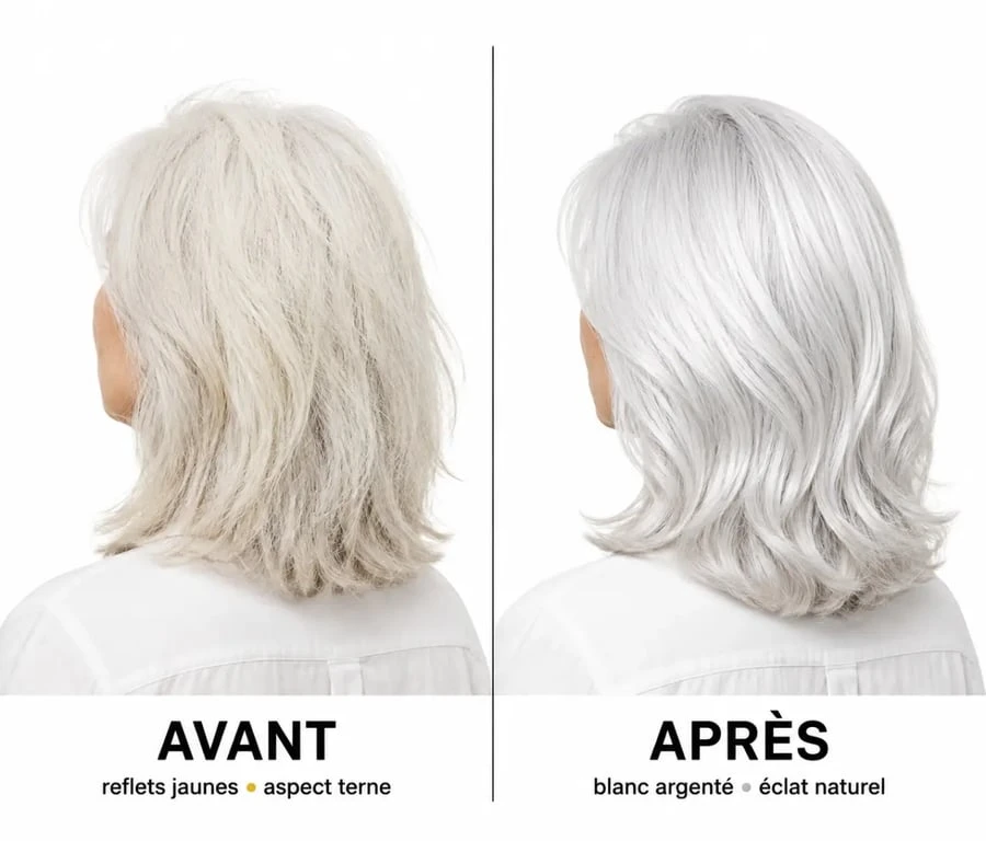 Soin cheveux blancs avant et après avec reflets jaunes corrigés et blanc plus lumineux