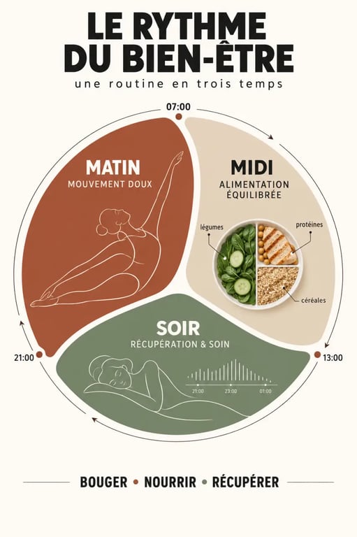 Infographie d'une routine bien-être féminine équilibrée combinant sport, alimentation et soins