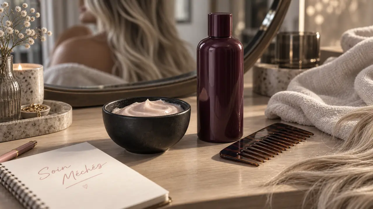 Meilleur soin cheveux méchés : masque hydratant violet, peigne et shampooing