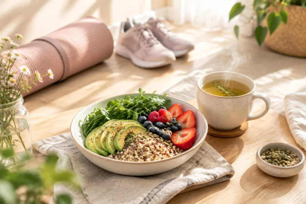Routine bien-être féminine : matin apaisé et assiette stable